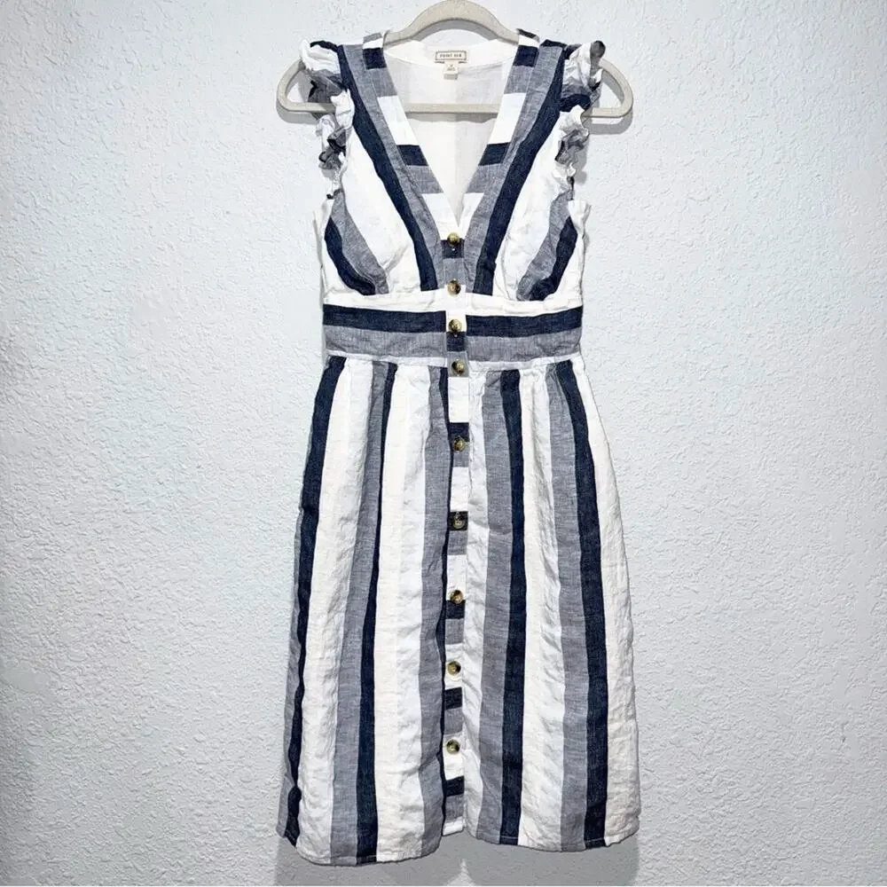 Point Sur Linen Midi Dress Striped Button Front Ruffle Shoulder Preowned Size 2